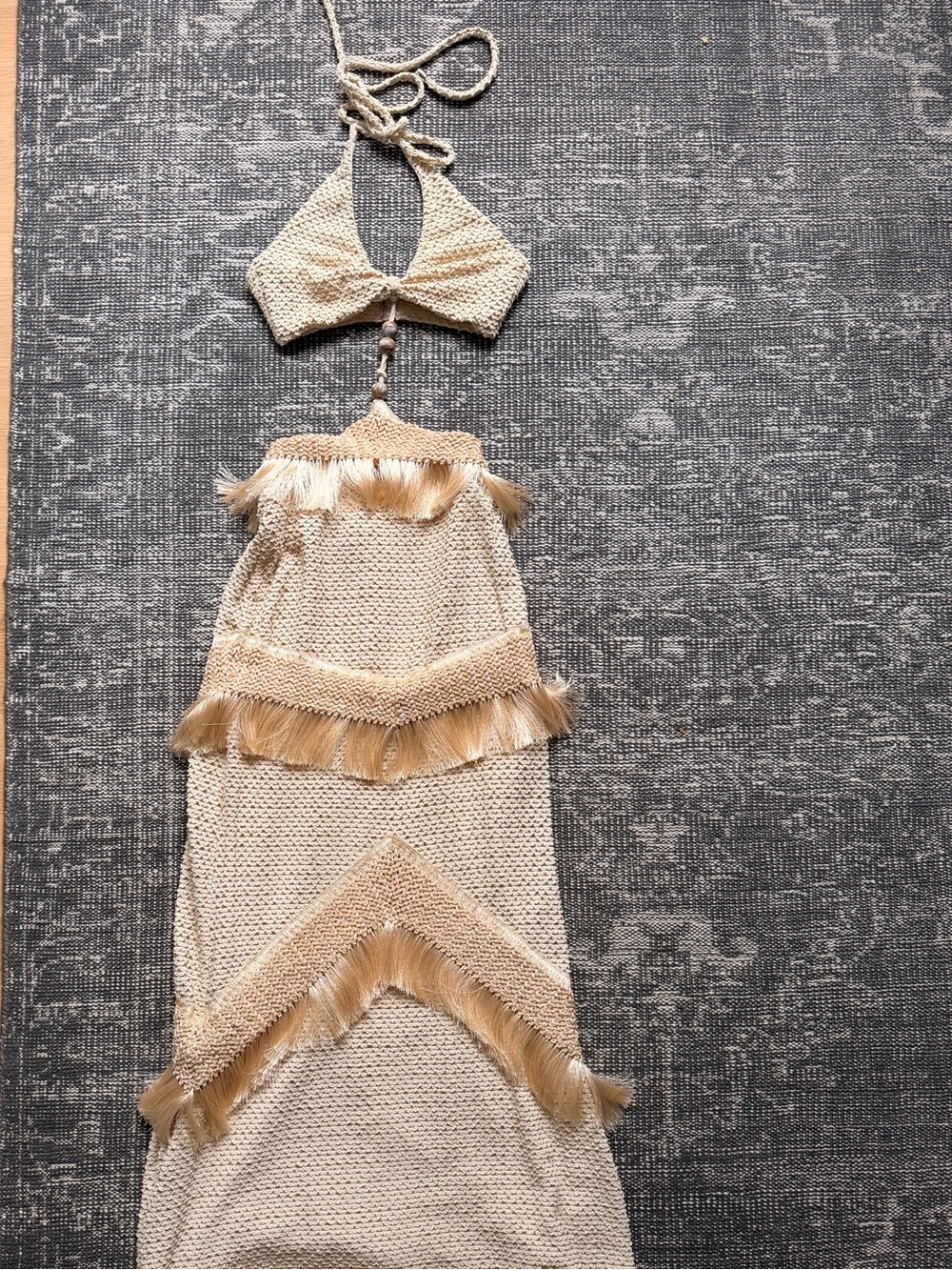 PatBO Crochet Fringe Cutout Maxi Dress Nude Beige Resort Size 0